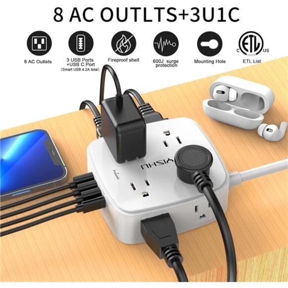 6 Ft Surge Protector Power Strip - 8 Widely Outlets with 4 USB Ports, 3 Side - Picture 2 of 8